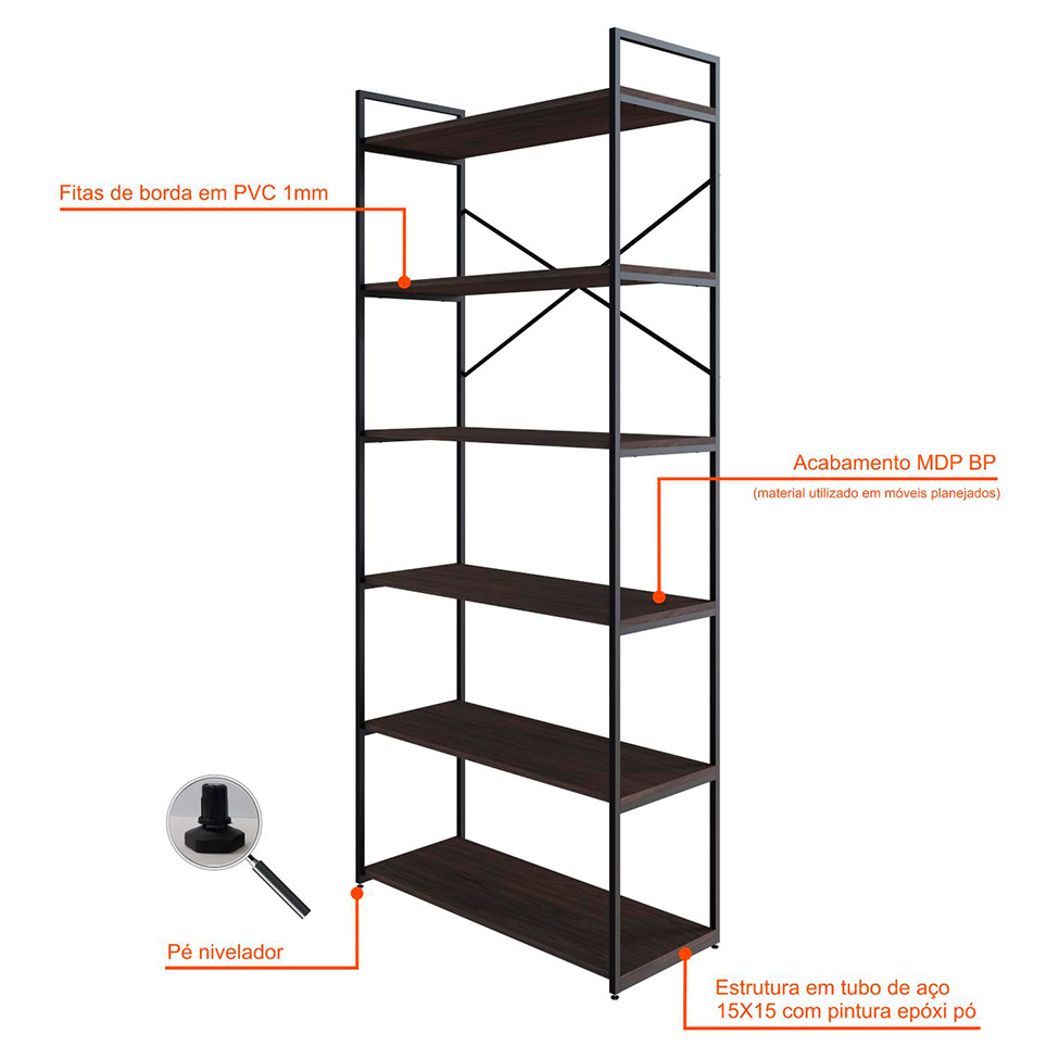 Estante com 6 Prateleiras Brooklyn Terracota e Preta 80 cm