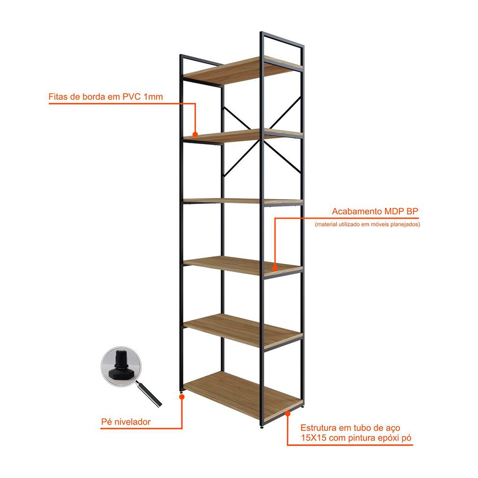 Estante com 6 Prateleiras Brooklyn Vermont e Preta 60 cm