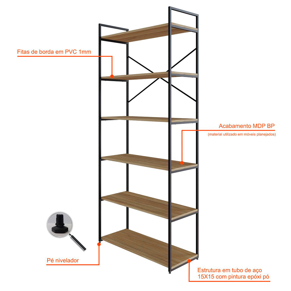 Estante com 6 Prateleiras Brooklyn Vermont e Preta 80 cm
