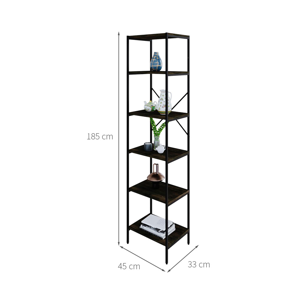 Estante com 6 Prateleiras Tub Carvalho Dark e Preta 45 cm
