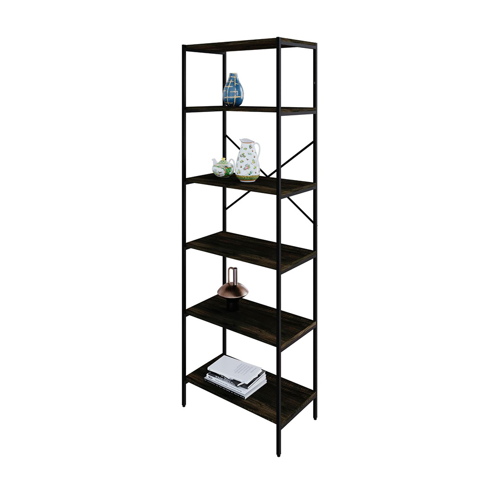 Estante com 6 Prateleiras Tub Carvalho Dark e Preta 60 cm