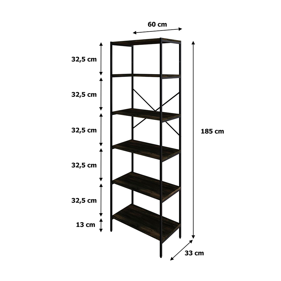 Estante com 6 Prateleiras Tub Carvalho Dark e Preta 60 cm