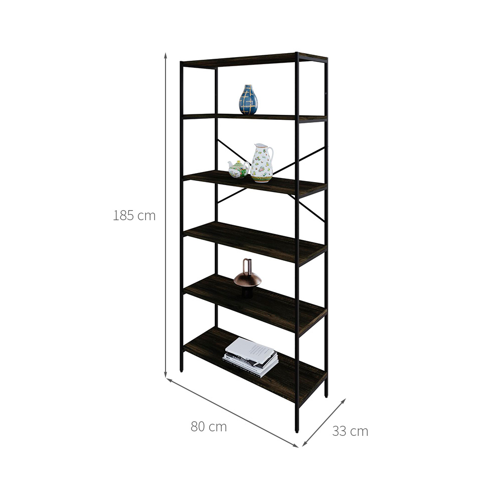 Estante com 6 Prateleiras Tub Carvalho Dark e Preta 80 cm