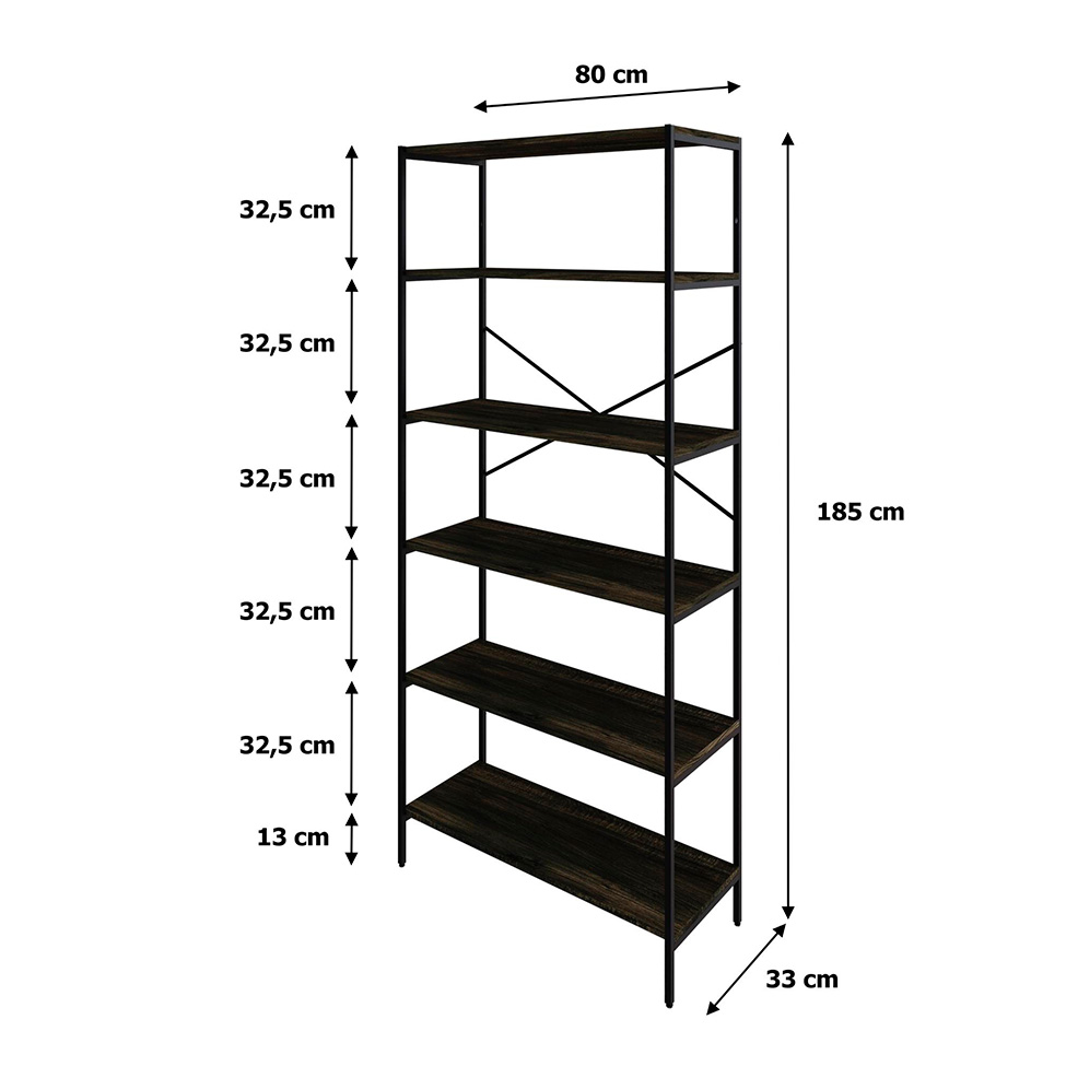 Estante com 6 Prateleiras Tub Carvalho Dark e Preta 80 cm