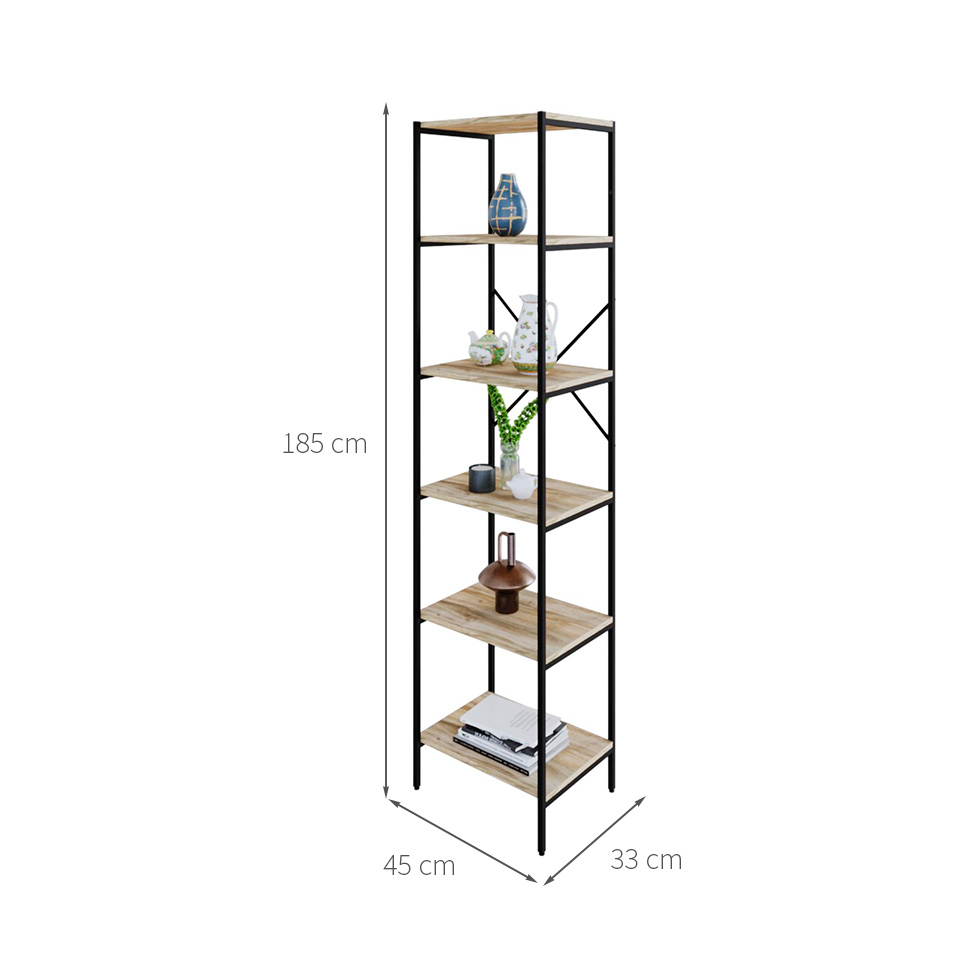Estante com 6 Prateleiras Tub Carvalho e Preta 45 cm