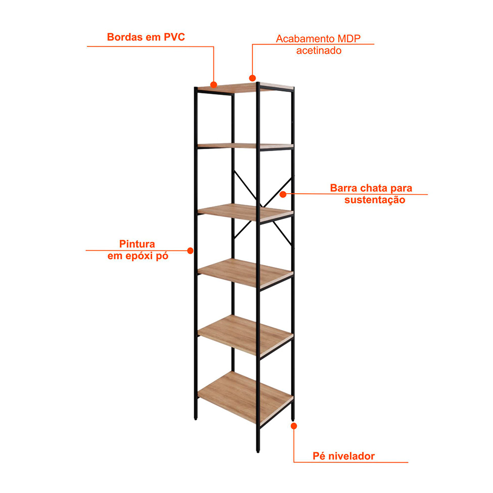 Estante com 6 Prateleiras Tub Mel e Preta 45 cm