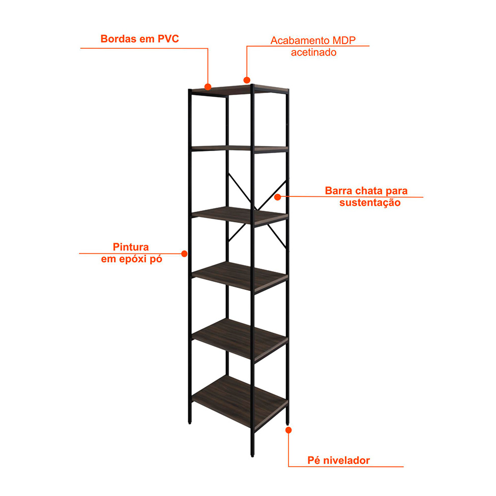 Estante com 6 Prateleiras Tub Nogal e Preta 45 cm