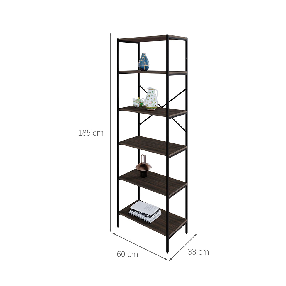 Estante com 6 Prateleiras Tub Nogal e Preta 60 cm