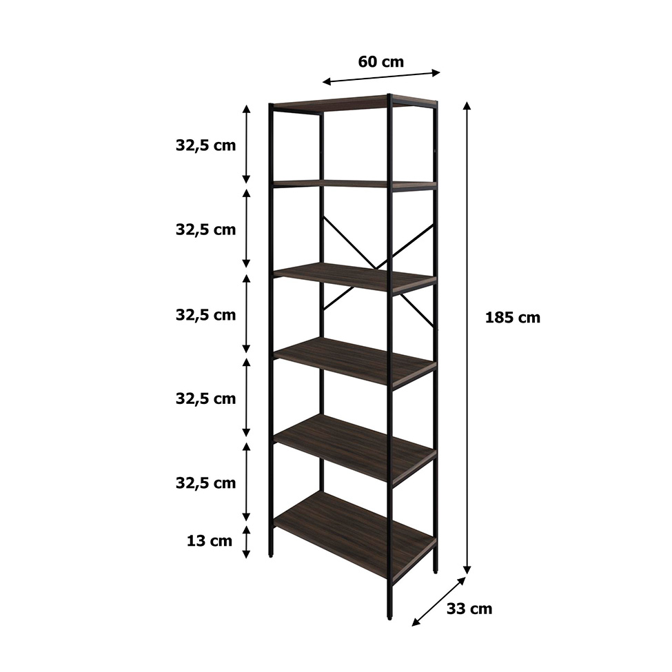 Estante com 6 Prateleiras Tub Nogal e Preta 60 cm