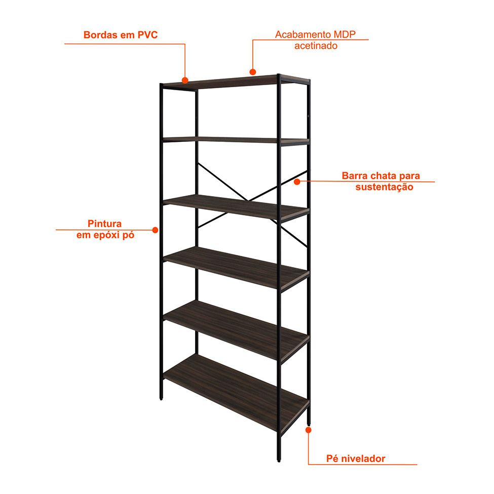 Estante com 6 Prateleiras Tub Nogal e Preta 80 cm