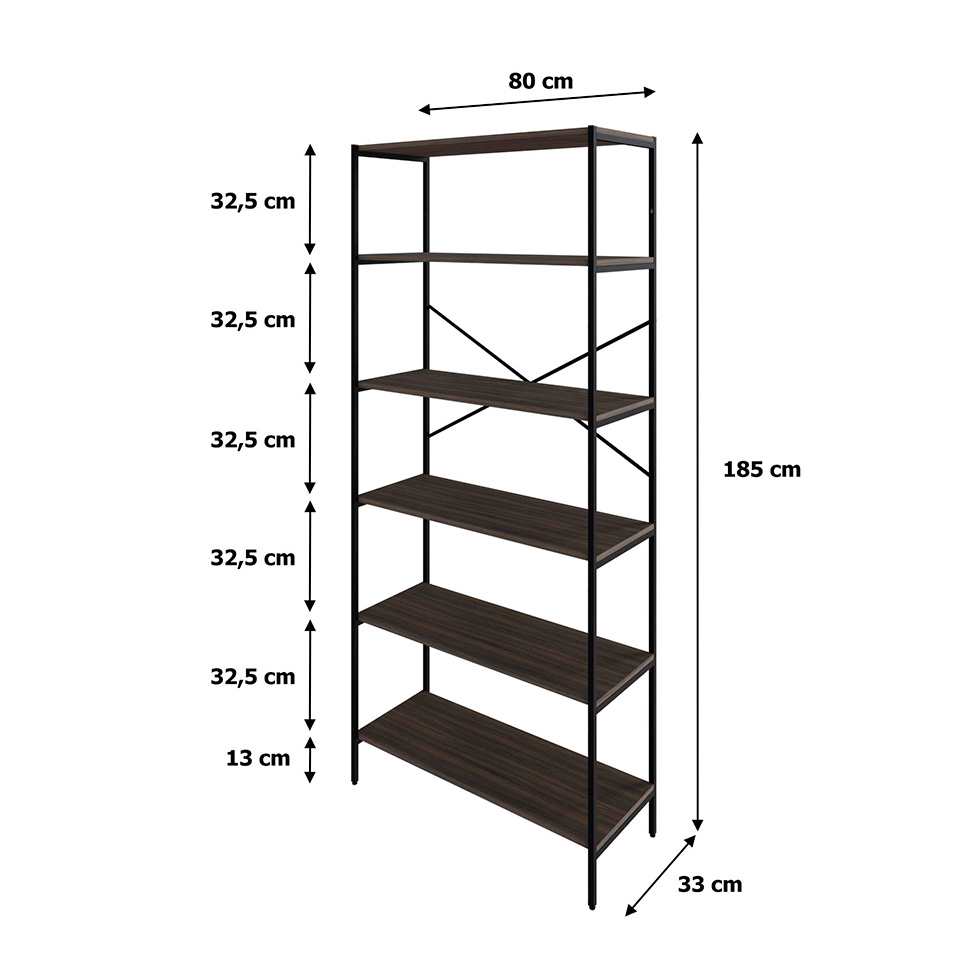 Estante com 6 Prateleiras Tub Nogal e Preta 80 cm