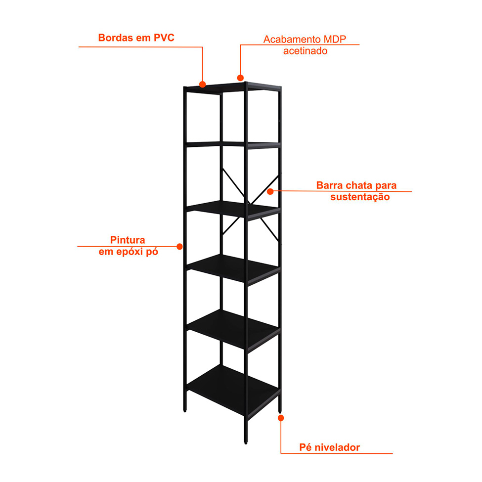 Estante com 6 Prateleiras Tub Preta 45 cm