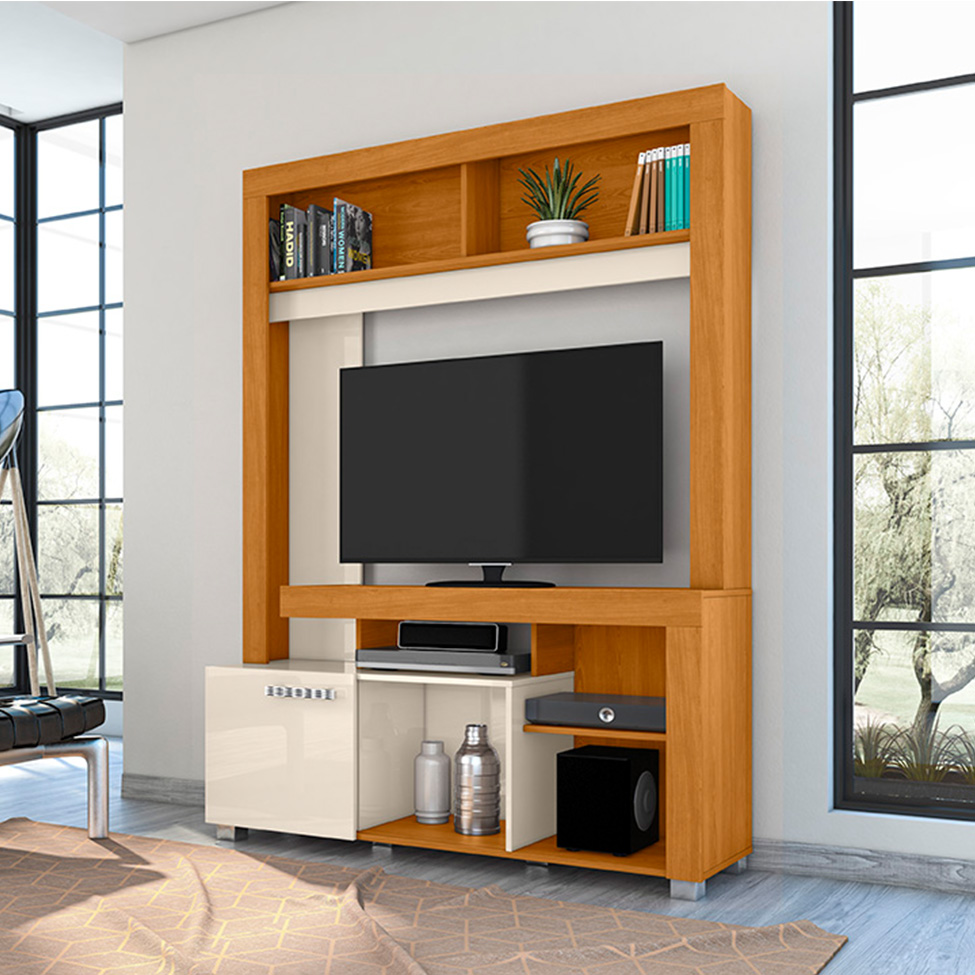 Estante para Home Theater e TV até 50 Polegadas Flávia 1 Porta Off White e Cinamomo