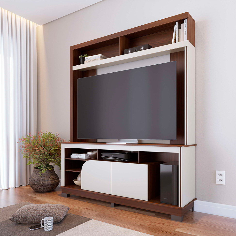 Estante para Home Theater e TV até 65 Polegadas Belaya 2 Portas Nogueira e Off White