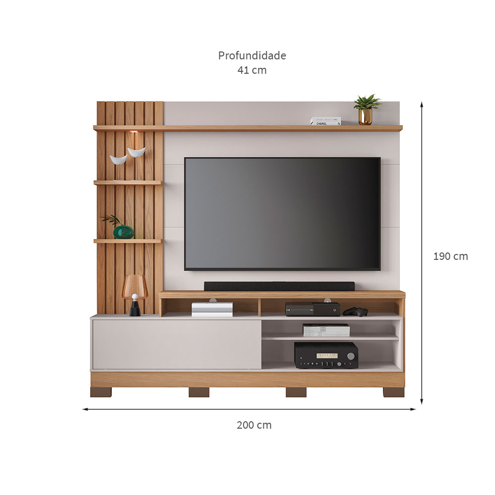 Estante para Home Theater e TV até 65 Polegadas com LED Maceió Freijó e Off White