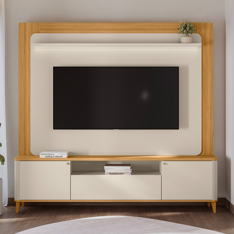 Estante para Home Theater e TV até 70 Polegadas Munique 3 Portas Off White e Tauari
