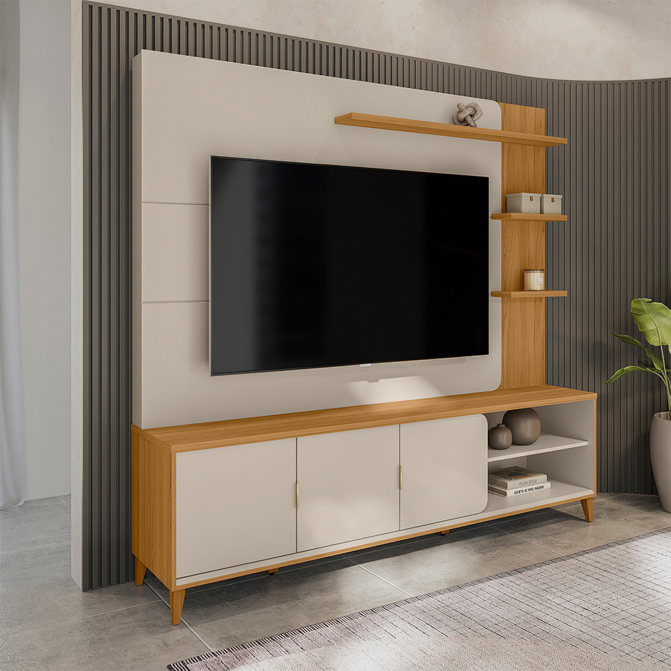 Estante para Home Theater e TV até 70 Polegadas Nápoli 3 Portas Off White e Tauari