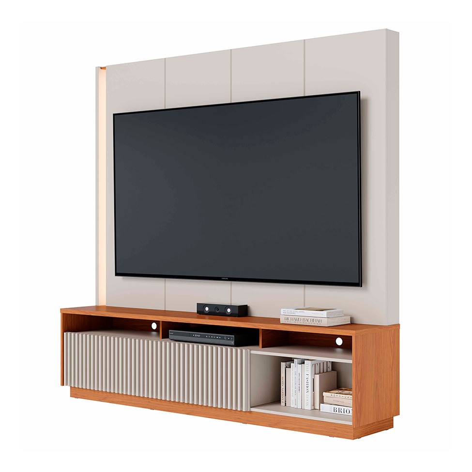 Estante para Home Theater e TV até 75 Polegadas Jordão com LED 2 Portas Off White e Freijó