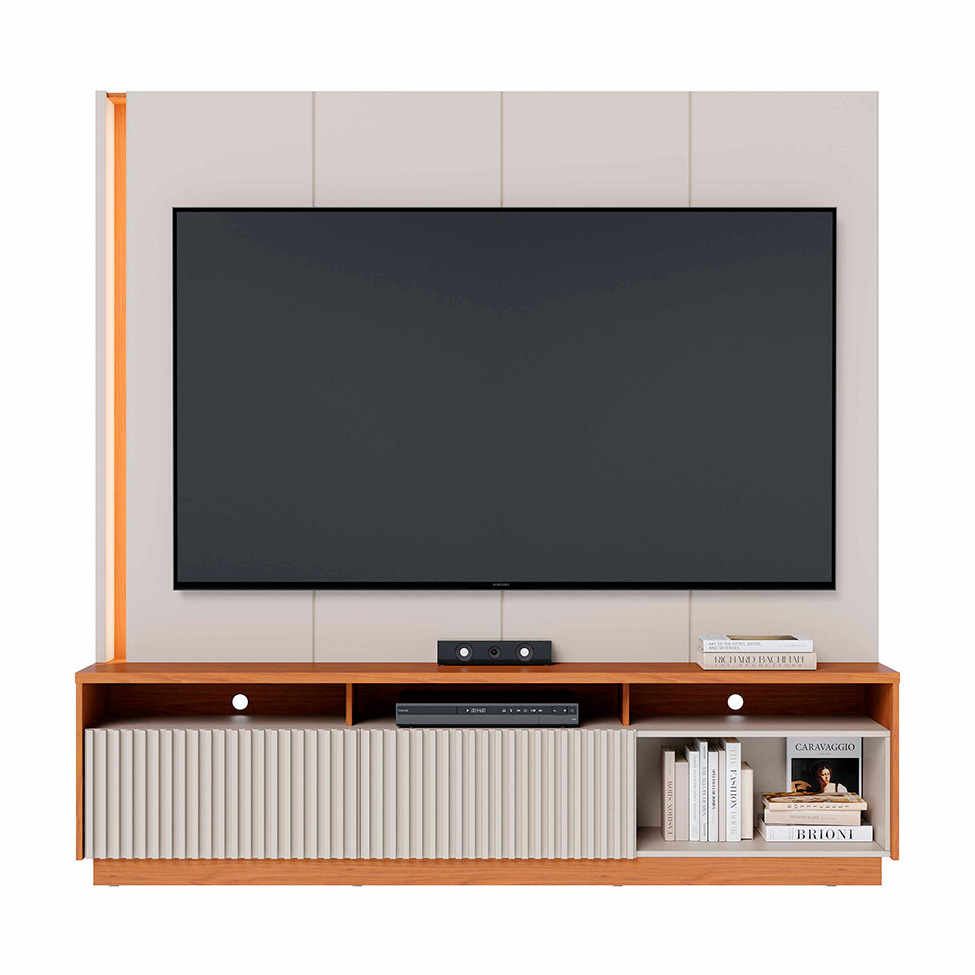 Estante para Home Theater e TV até 75 Polegadas Jordão com LED 2 Portas Off White e Freijó