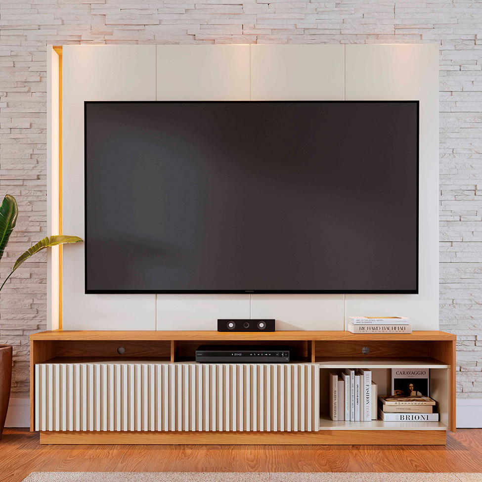 Estante para Home Theater e TV até 75 Polegadas Jordão com LED 2 Portas Off White e Freijó