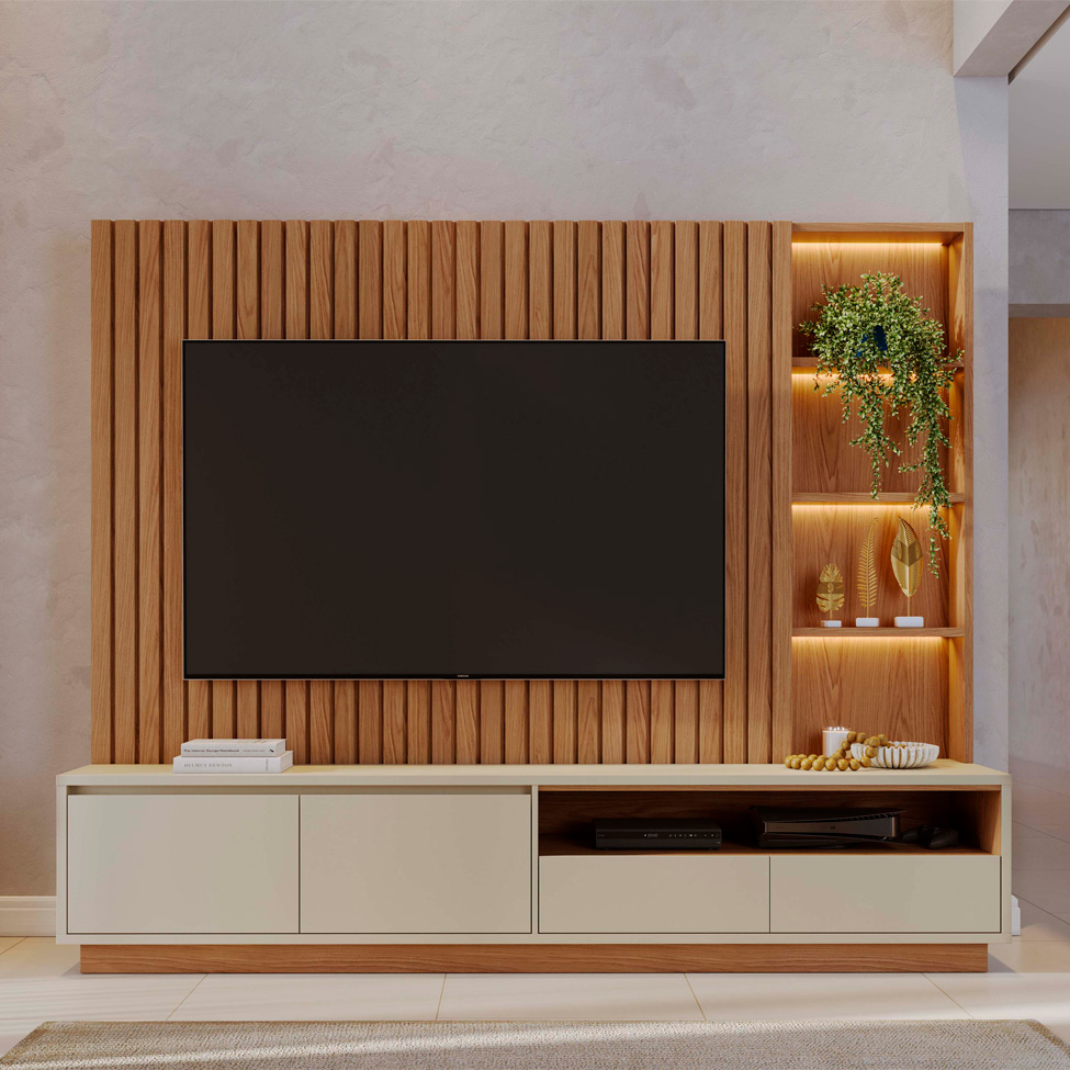 Estante para Home Theater e TV até 82 Polegadas Cancun com LED 4 Gavetas Freijó e Off White