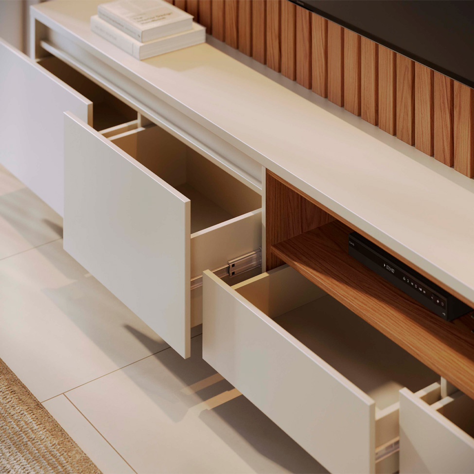 Estante para Home Theater e TV até 82 Polegadas Cancun com LED 4 Gavetas Freijó e Off White