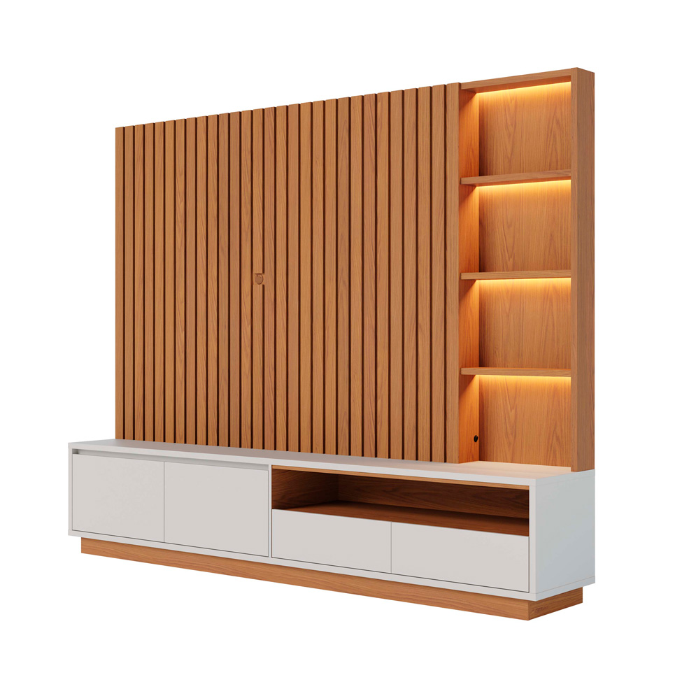 Estante para Home Theater e TV até 82 Polegadas Cancun com LED 4 Gavetas Freijó e Off White