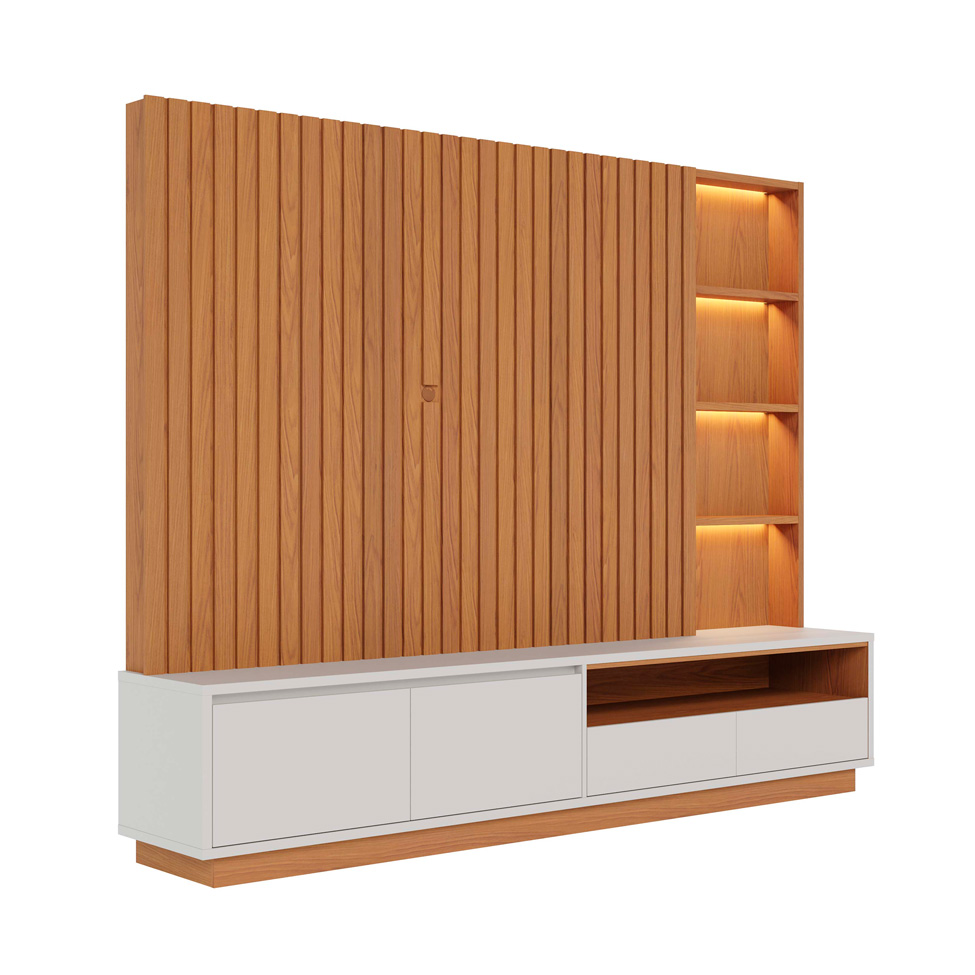 Estante para Home Theater e TV até 82 Polegadas Cancun com LED 4 Gavetas Freijó e Off White