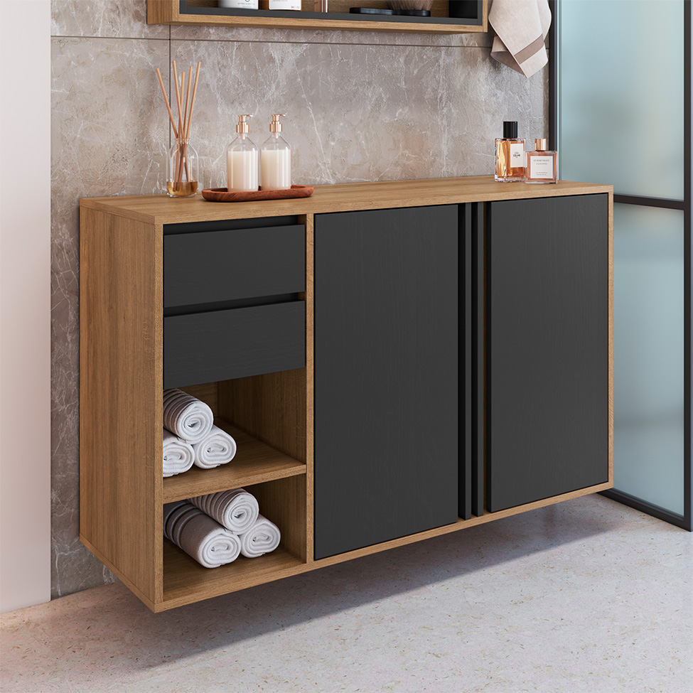 Gabinete Suspenso Antônia 2 Portas 2 Gavetas Mel e Grafite