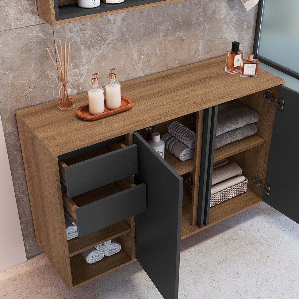 Gabinete Suspenso Antônia 2 Portas 2 Gavetas Mel e Grafite