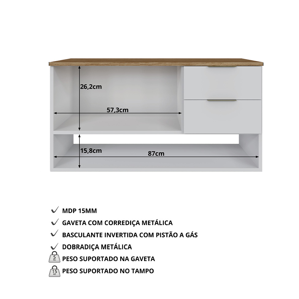 Gabinete Suspenso Helen 1 Porta 2 Gavetas Branco e Mel