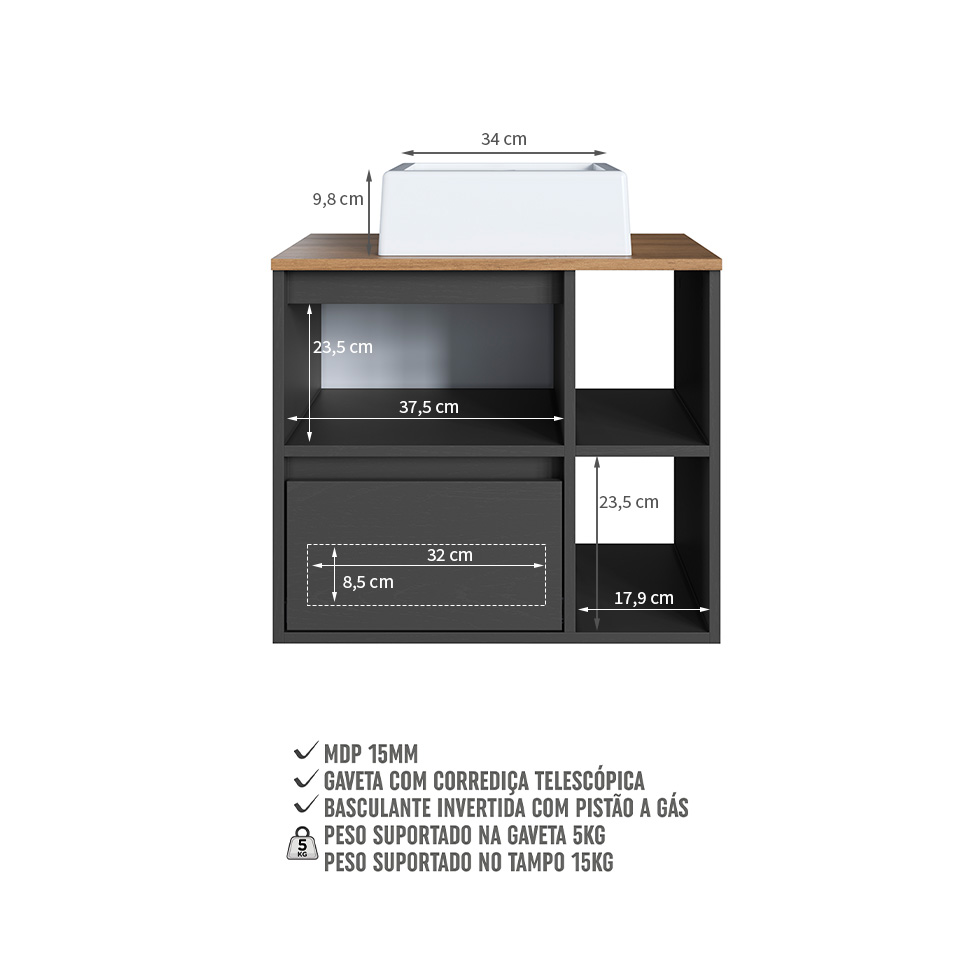 Gabinete Suspenso com Cuba Amara 1 Porta 1 Gaveta Mel e Grafite