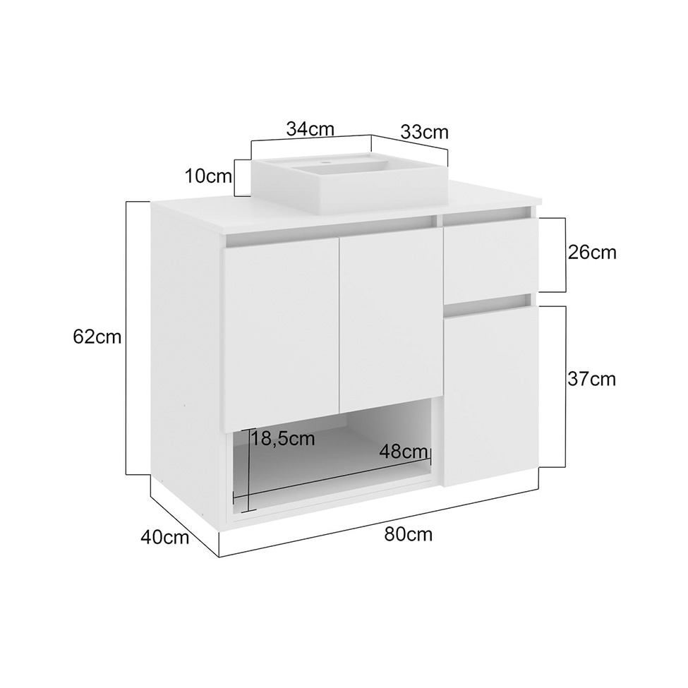 Gabinete Suspenso com Cuba Aurora 3 Portas 1 Gaveta Branco