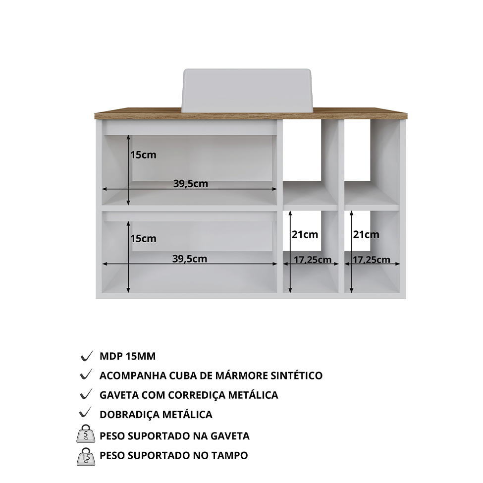 Gabinete Suspenso com Cuba Eliza 1 Porta 1 Gaveta Branco e Mel