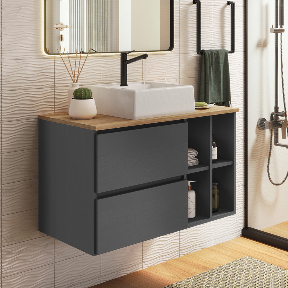 Gabinete Suspenso com Cuba Eliza 1 Porta 1 Gaveta Grafite e Mel