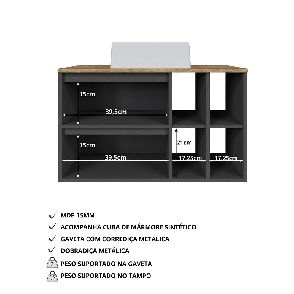 Gabinete Suspenso com Cuba Eliza 1 Porta 1 Gaveta Grafite e Mel