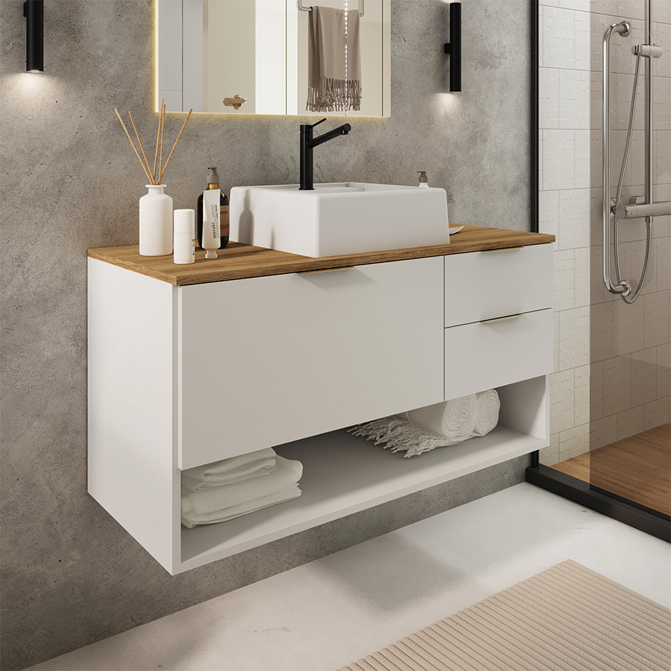 Gabinete Suspenso com Cuba Helen 1 Porta 2 Gavetas Branco e Mel