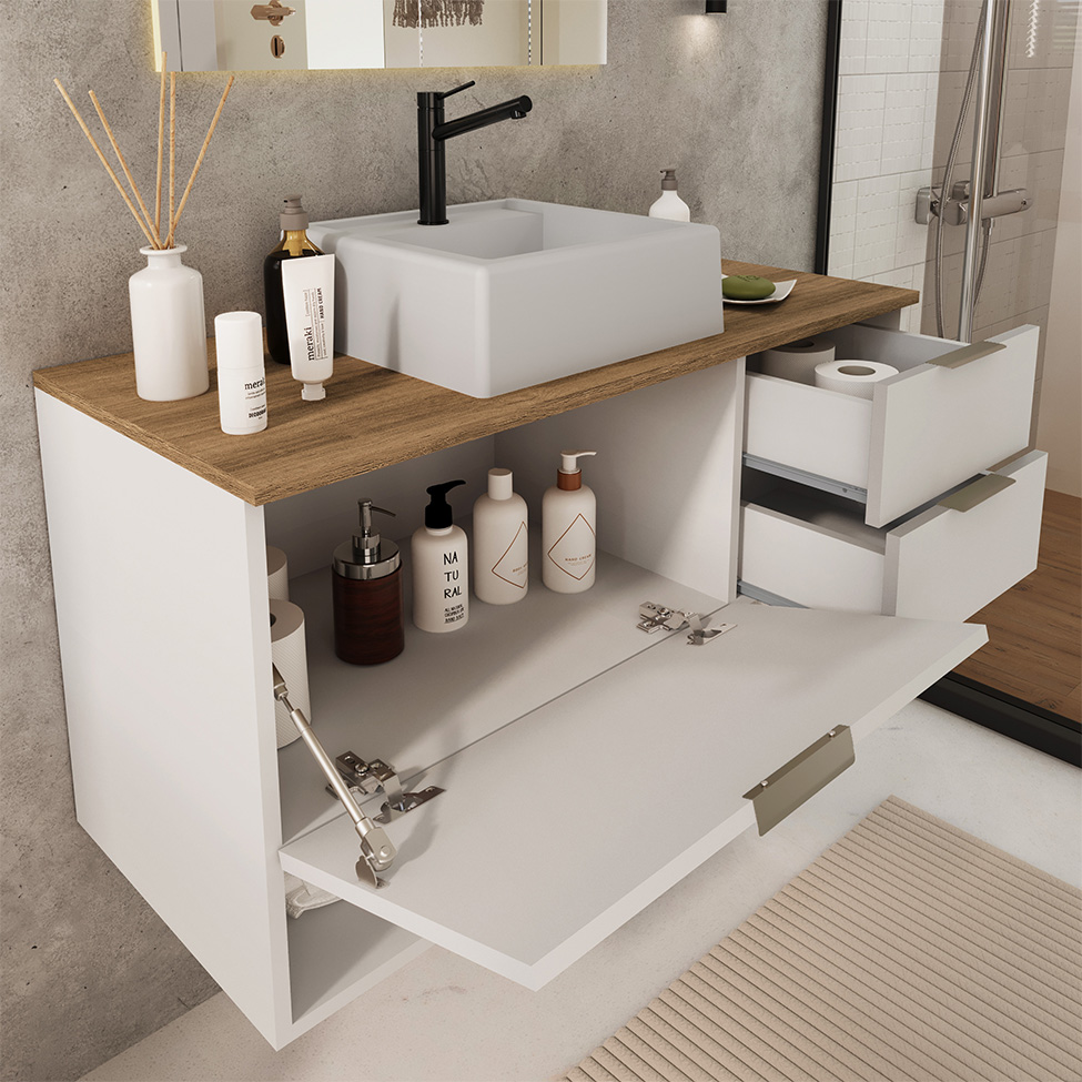 Gabinete Suspenso com Cuba Helen 1 Porta 2 Gavetas Branco e Mel