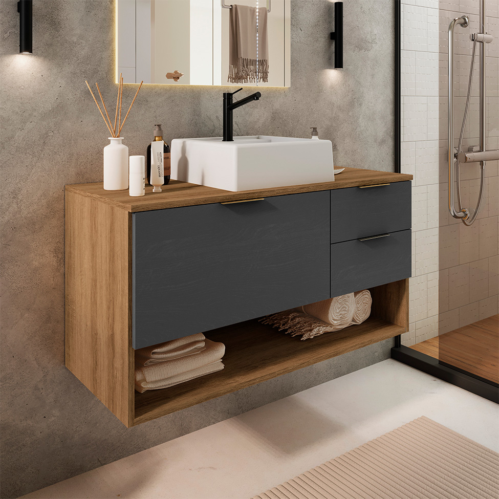 Gabinete Suspenso com Cuba Helen 1 Porta 2 Gavetas Mel e Grafite