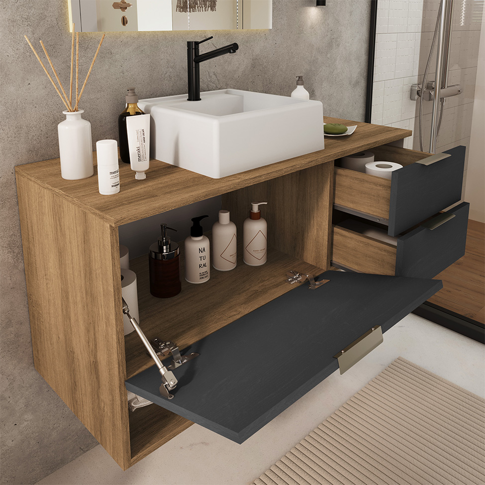 Gabinete Suspenso com Cuba Helen 1 Porta 2 Gavetas Mel e Grafite