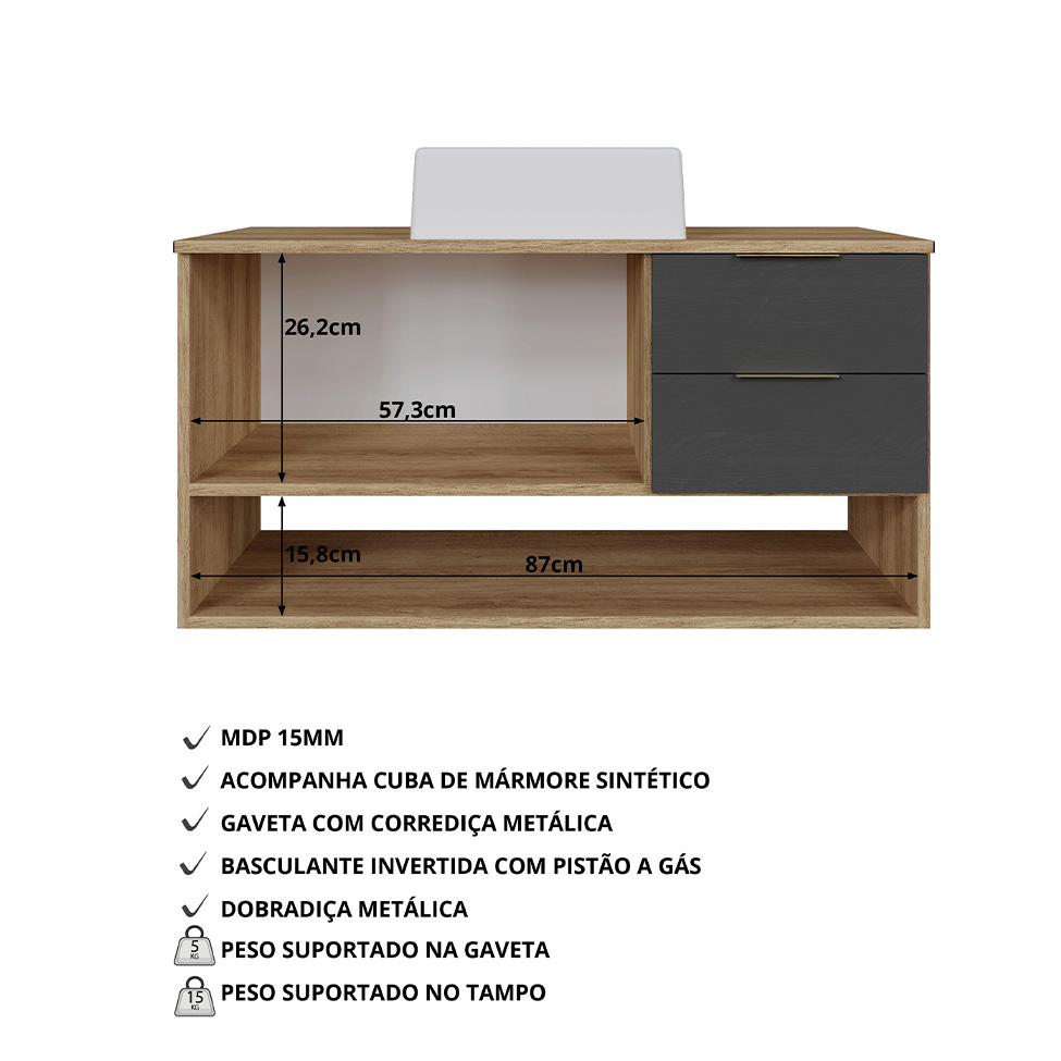 Gabinete Suspenso com Cuba Helen 1 Porta 2 Gavetas Mel e Grafite