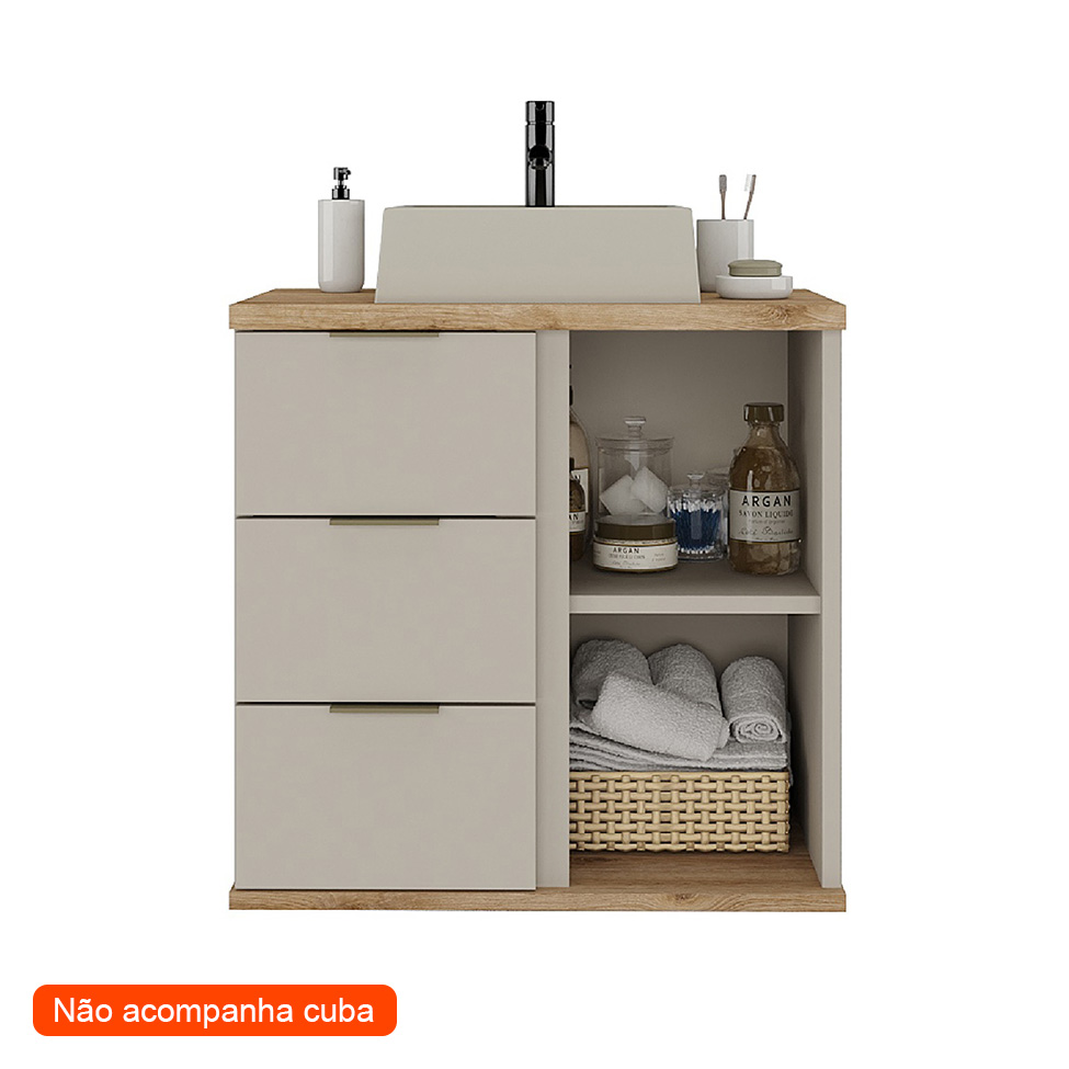 Gabinete de Banheiro Aqua 1 Porta 3 Gavetas Nude e Carvalho