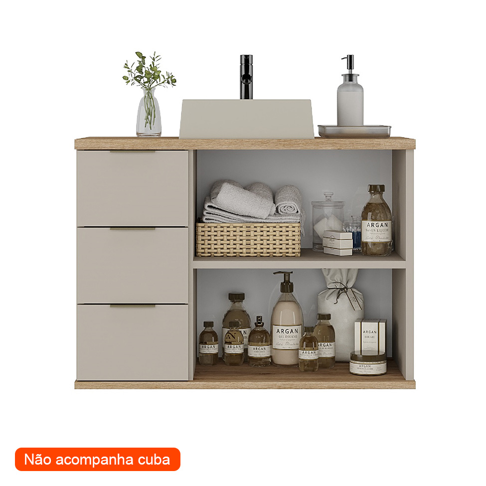 Gabinete de Banheiro Aqua 2 Portas 3 Gavetas Nude e Carvalho