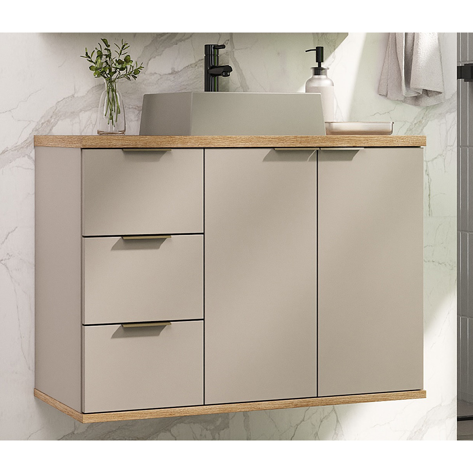 Gabinete de Banheiro Aqua 2 Portas 3 Gavetas Nude e Carvalho