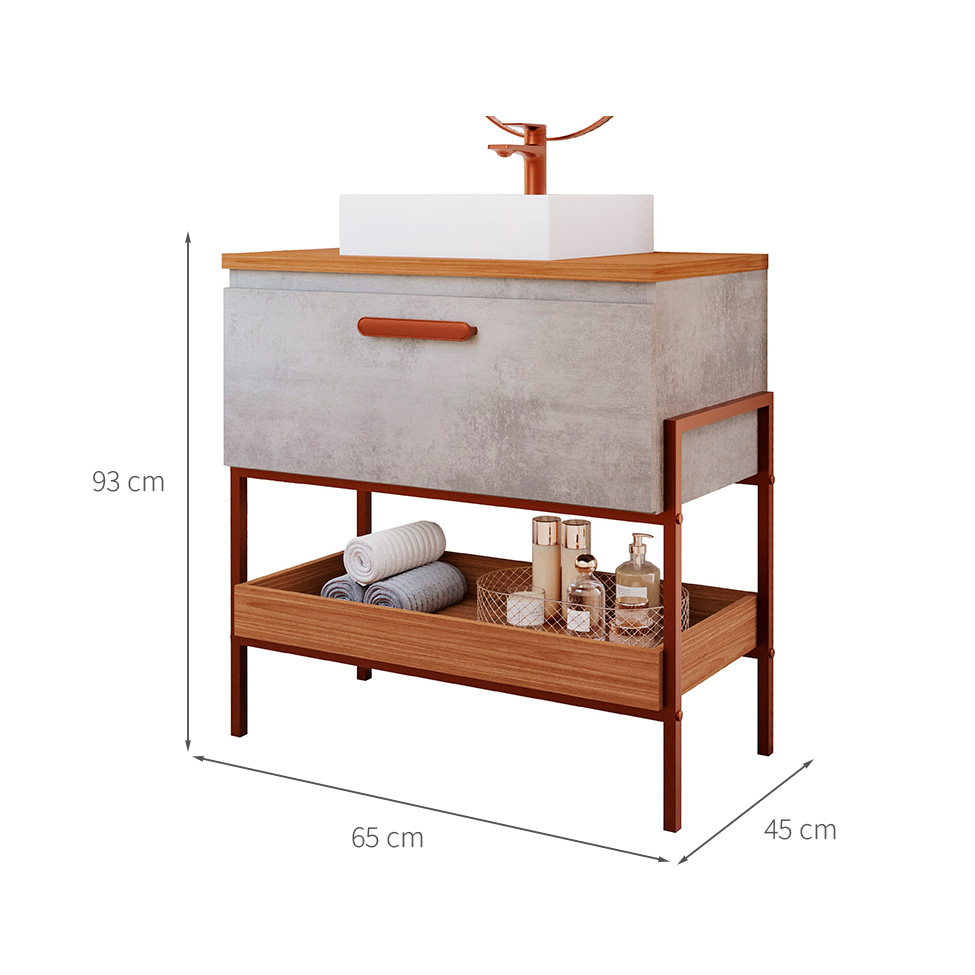 Gabinete de Banheiro Eleonora 1 Porta Cimento e Freijó 65 cm