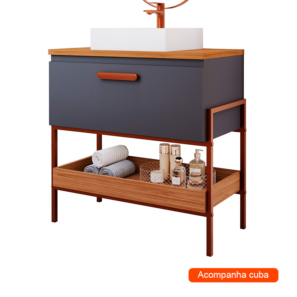 Gabinete de Banheiro Eleonora 1 Porta Titanium e Freijó 85 cm