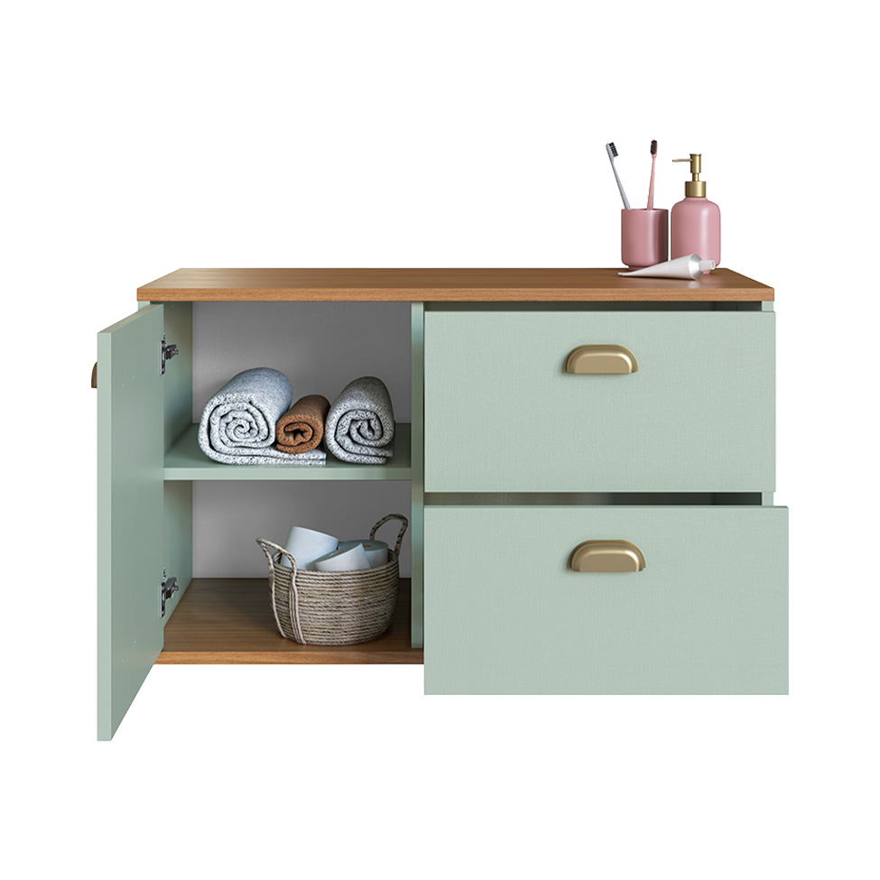 Gabinete de Banheiro Livia 1 Porta 2 Gavetas Freijó e Moscatel