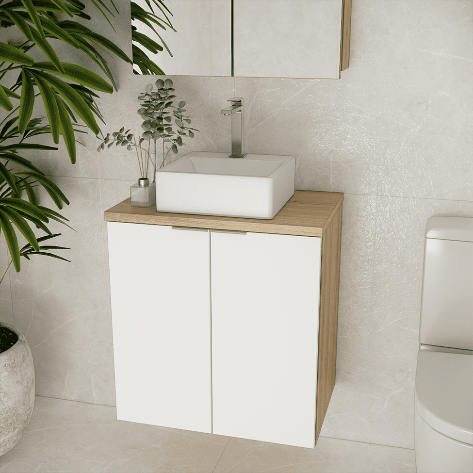 Gabinete de Banheiro Nature 2 Portas Carvalho e Branco 60 cm