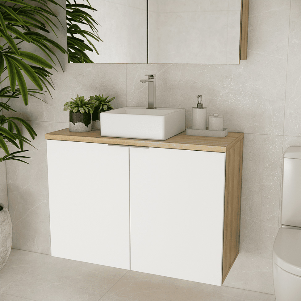 Gabinete de Banheiro Nature 2 Portas Carvalho e Branco 90 cm