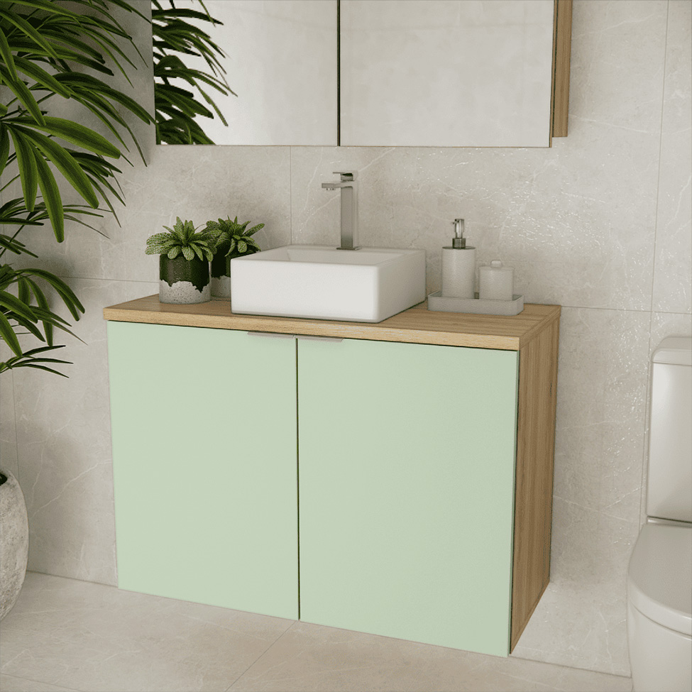 Gabinete de Banheiro Nature 2 Portas Carvalho e Verde 90 cm